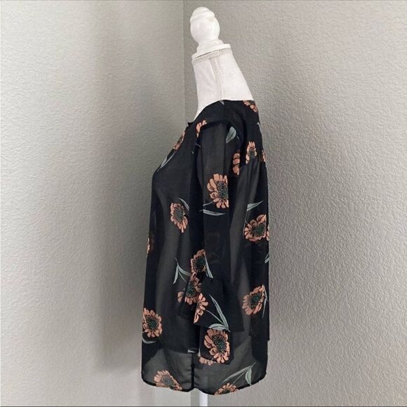 Cabi Black La Di Da Floral Bell Sleeve Button Down Chiffon Blouse Small - Picture 3 of 10